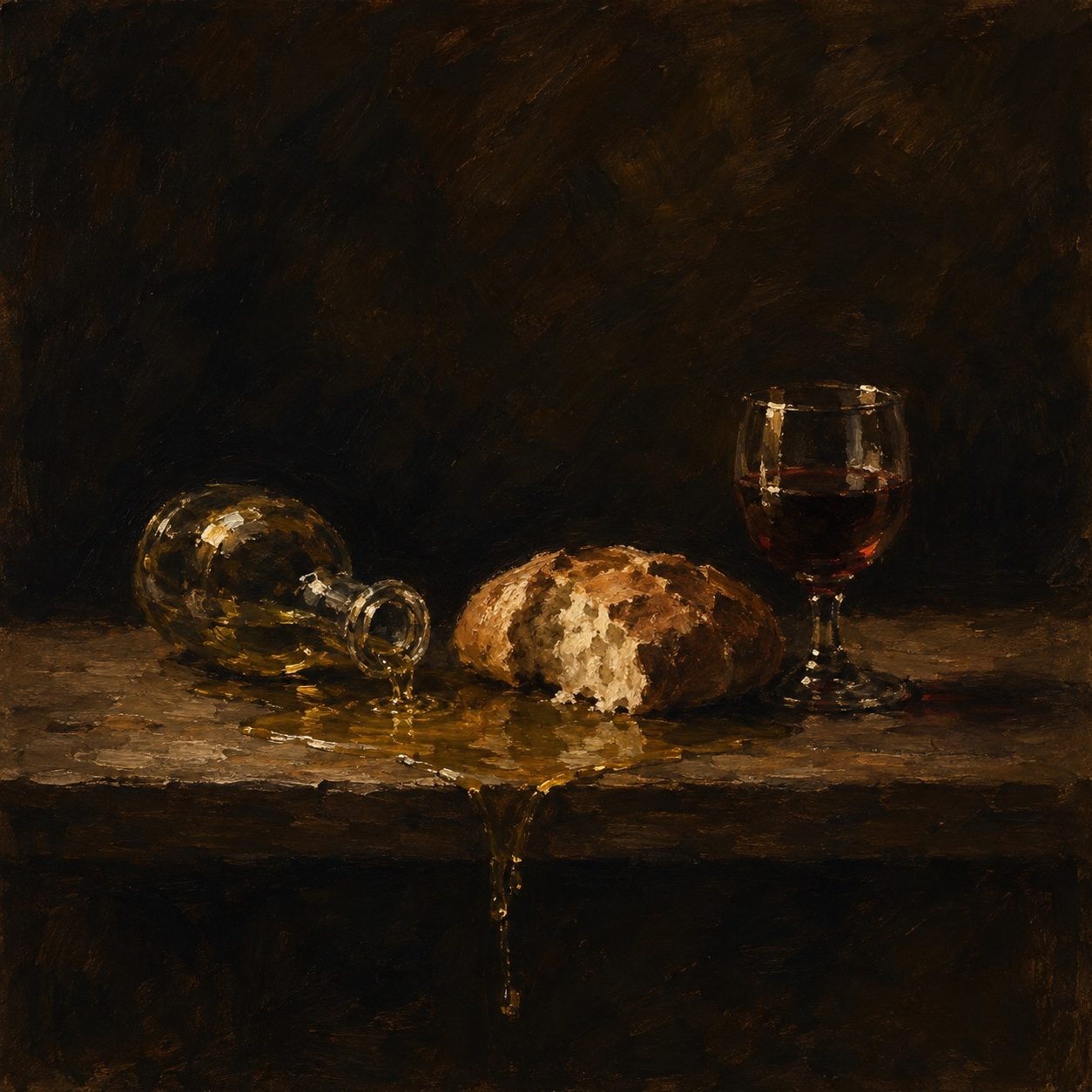 The Alabaster Table: a painted still life of a tipped vessel spilling golden oil across a table, beside torn bread and a glass of wine